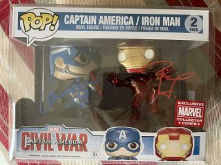 Chris Evans Robert Downey Jr Signed Funko Pop Cap/iron Man (civil War) Gai