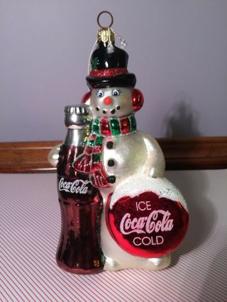 Coca - Cola Kurt S.  Adler Handcrafted Glass Snowman Christmas Ornament 1998 Htf