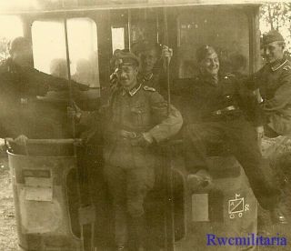 Fun Pose By Group Wehrmacht Soldiers & Panzermen On Unit Marked Bus