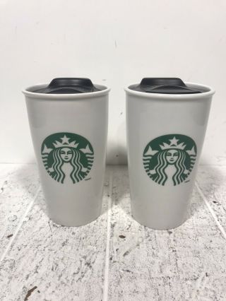 2 2011 Starbucks White Ceramic Coffee Cup Mermaid Logo 16 Oz Travel Mug With Lid