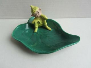 Vintage Gilner Ceramic Trinket Dish With Pink Pixie Elf Sitting On A Green Leaf