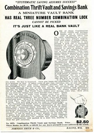 1926 Small Print Ad Of Miniature Combination Thrift Vault & Savings Bank