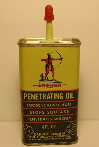 Old Vintage 1960s Archer Indian Graphic Omaha Nebraska Oil Can Tin 4 Oz Oiler