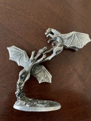 1988 Gallo Pewter Dragons Fighting Over A Crystal Ball Figurine By J.  Guthrie