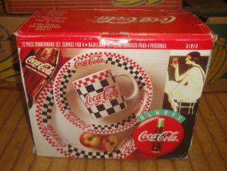 Vintage Gibson Coca Cola 12 Piece Dinnerware Set Checkers Diner Complete Nib
