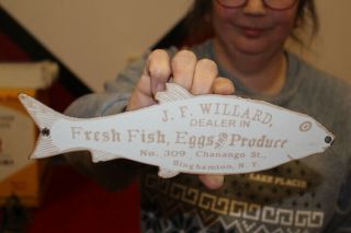 J.  F.  Willard Fresh Fish Eggs & Produce Fishing Gas Oil Porcelain Metal Sign