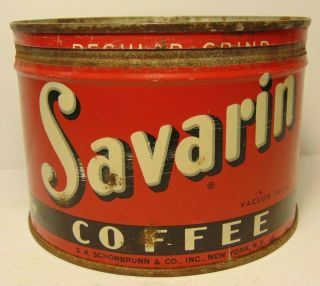 Old Vintage 1940s Savarin Graphic Coffee Tin One Pound York Made In The Usa