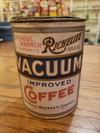 Vintage Richelieu Coffee 1 Lb Tin Can Chicago Ill Paper Label Sprague Warner