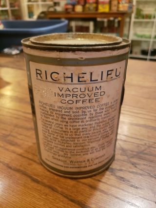 Vintage RICHELIEU COFFEE 1 lb TIN CAN Chicago ILL Paper label Sprague Warner 3