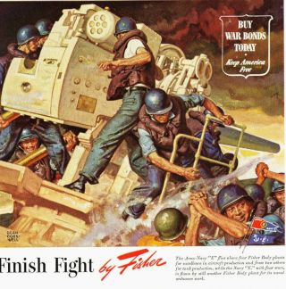 1944 Wwii Ad Fisher 5 - Inch Gun Gunners Hard - Hitting Brute Dean Cornwell Art
