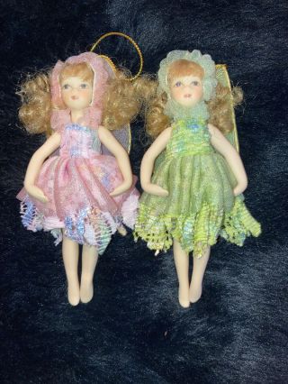 Set Of Poseable Porcelain Fairy Doll Ornaments 5” Tall Blonde Pink Green