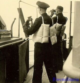 On Wacht Kriegsmarine Officers W/ Binoculars & Life Vests On Flottenbegleiter