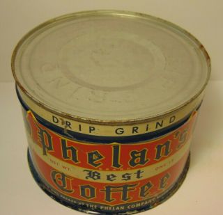 Old Vintage 1950s PHELAN ' S COFFEE TIN 1 POUND GRAPHIC COFFEE TIN BEAUMONT TEXAS 2