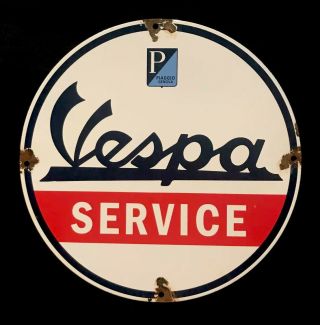 Vintage 1950’s Vespa Service 12” Porcelain Sign Car Truck Oil Gas Gasoline
