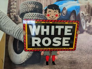 Old Heavy Vintage White Rose Gasoline W/ Ethyl Porcelain Gas Station Metal Sign