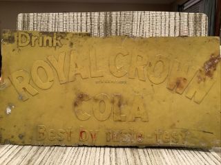 Royal Crown Cola Rc Cola Yellow Metal Sign 19.  5 X 9.  5 In.  Cut From Drink Box