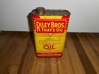 Vintage Riley Bros Burlington Iowa Motor Oil Tin 1 Quart Gas Advertising Can