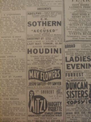 Feb 19,  1926 Newspaper Page 7688 - Houdini - Last Matinee Tomorrow