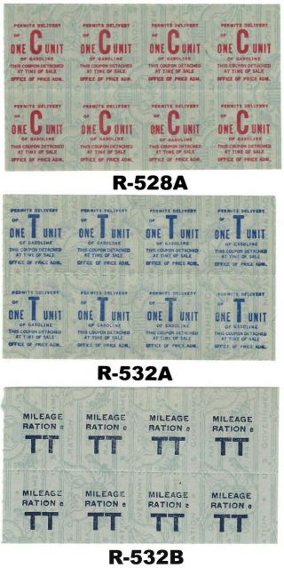 Wwii Opa R - 528a " C ",  R - 532a " T ",  R - 532b " T " Gasoline Ration Coupon Sheetlets