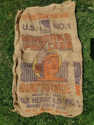 Vtg Minidoka Princess Potato Burlap Sack Bag 100 Lb U.  S.  1 Rupert,  Id 22x36 "