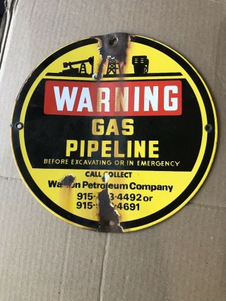 Vintage Porcelain Warning Gas Pipeline Warren Petroleum Company 12”Sign 2