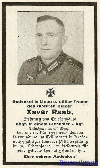 Death Notice: Wehrmacht Obergefreiter; Died In Hospital,  Krakau,  Poland 1944