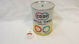 Coop Circle Three Lubricant Oil Can Bank & Mfa Miles Per Gallon Gauge
