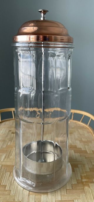 Vtg Gemco Paneled Glass Soda Fountain Straw Dispenser/holder Copper Lid 11.  25 "