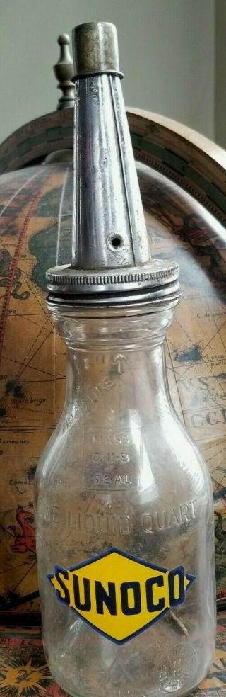 Orig 1920s Sunoco 1 Quart Glass Motor Oil Bottle W Orig Label
