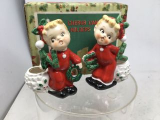 Vtg Set Poinsettia Noel Cherub Candle Holders By Commodore Made In Japan Mcm 2