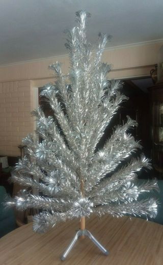 Vintage 4 Foot Evergleam 57 Branch Aluminum Christmas Tree & Stand As Found Old
