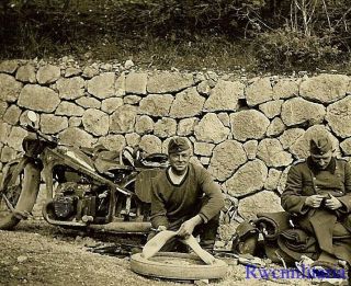 Field Fix Wehrmacht Kradmelder Fixing Tire On Their Zundapp Motorcycle