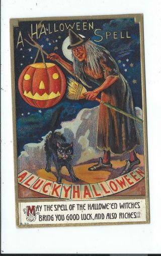 Vintage Halloween Postcard Post Card Witch Black Cat Lucky Halloween
