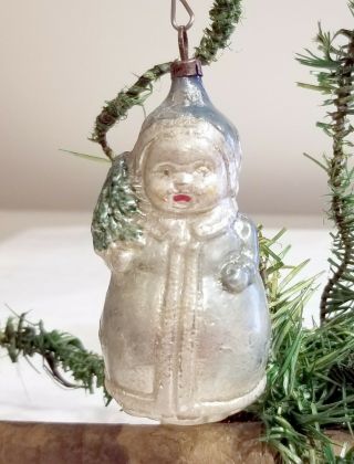 Early 1900s Blue Coated Girl,  With Christmas Tree.  German Ornament.