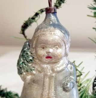 Early 1900s Blue coated Girl,  with Christmas Tree.  German Ornament. 2