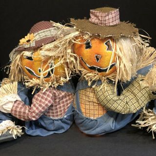 Gemmy Fiber Optic Scarecrow Couple Light Up Color Changing Halloween 2 Hats Rare