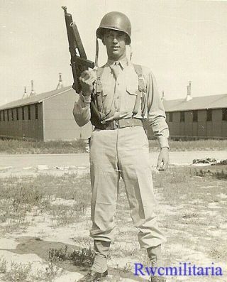 Gangster Pose Helmeted Us Army Soldier W/ Thompson Sub - Mg