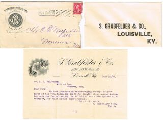 1897 Kentucky Louisville S Grabfelder Whiskey Postal Cover Envelope & Letterhead