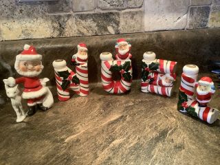 Vtg Japan Christmas Noel Santa Letters Candle Holders Red White Stripe,  1