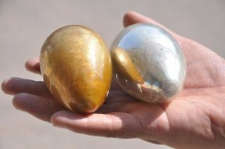 2 Pc Vintage 3.  25 " Silver & Golden Egg / Oval Shape German Glass Kugels