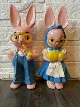 Vtg Knickerbocker Plastic Easter Boy Bunny With Pipe & Girl With Baby 12 " Bank