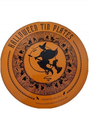 Restoration Hardware Vintage Halloween Tin Plate Set Of 4 Witch Black Cat