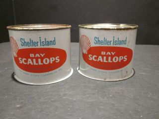 2 Old Vintage Shelter Island Bay Scallops Cans Tins Long Island Ny Oyster Fish