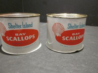 2 OLD VINTAGE SHELTER ISLAND BAY SCALLOPS CANS TINS LONG ISLAND NY OYSTER FISH 3