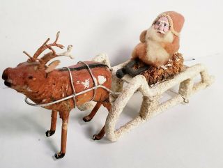 Antique Vtg Spun Cotton Clay Face Santa Sleigh & Composition Reindeer Ornament