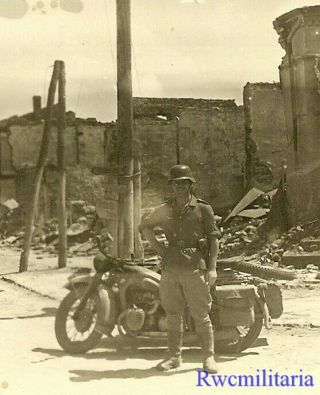 Best Helmeted Wehrmacht Kradmelder By Bmw Motorcycle On Bombed Street; 1941
