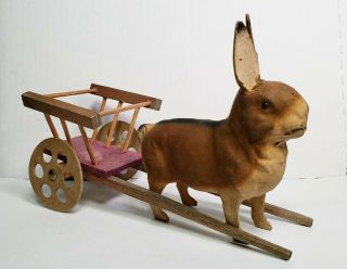 Antique Vtg German Bunny Rabbit Pulling Wooden Cart Paper Mache Candy Container