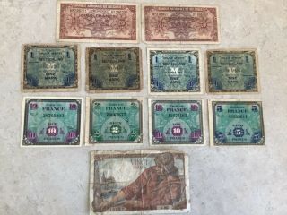 1944 Germany 1 Mark Allied Military Currency,  France Belgium Francs Assortment