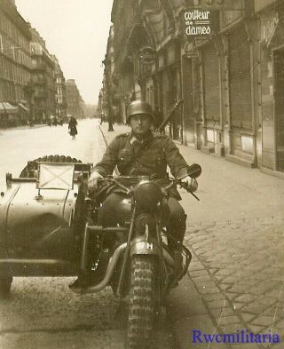 Owner Wehrmacht Kradmelder Posed On Captured Belgian Motorcycle On Street