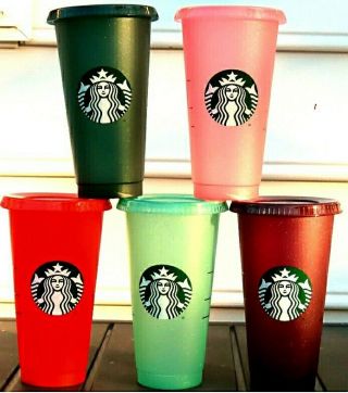 Starbucks Holiday 2020 Reusable 5 Pack Glitter Cold Cups W/lids & Straws Bnib